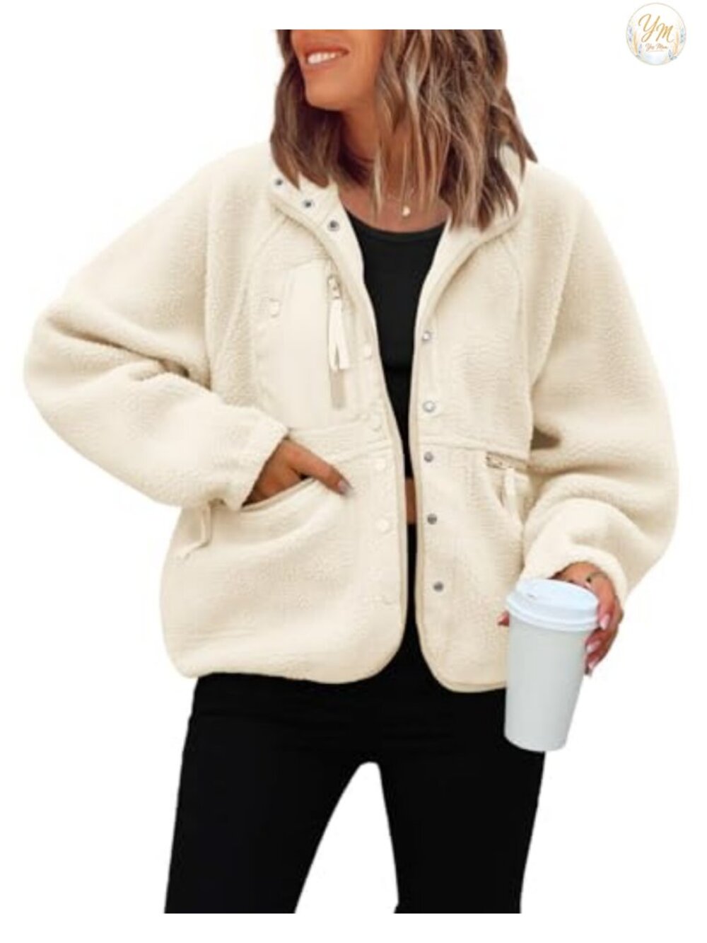 Womens Cropped Fuzzy Fleece Jacket Button Down Oversized Zip Pockets